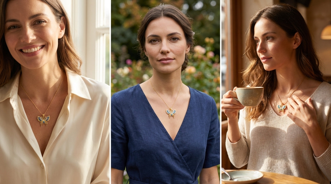 Butterfly pendant combining hollow silverwork and colorful enamel — a graceful Chinese enamel jewelry piece symbolizing transformation.