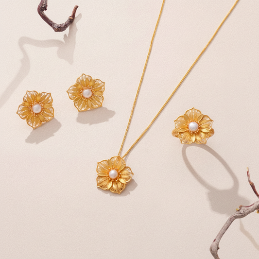 Gold-plated cherry blossom filigree necklaces with freshwater pearl, 19.2mm