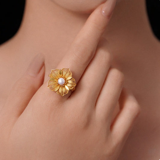 Gold-plated filigree cherry blossom ring with freshwater pearl, adjustable open design