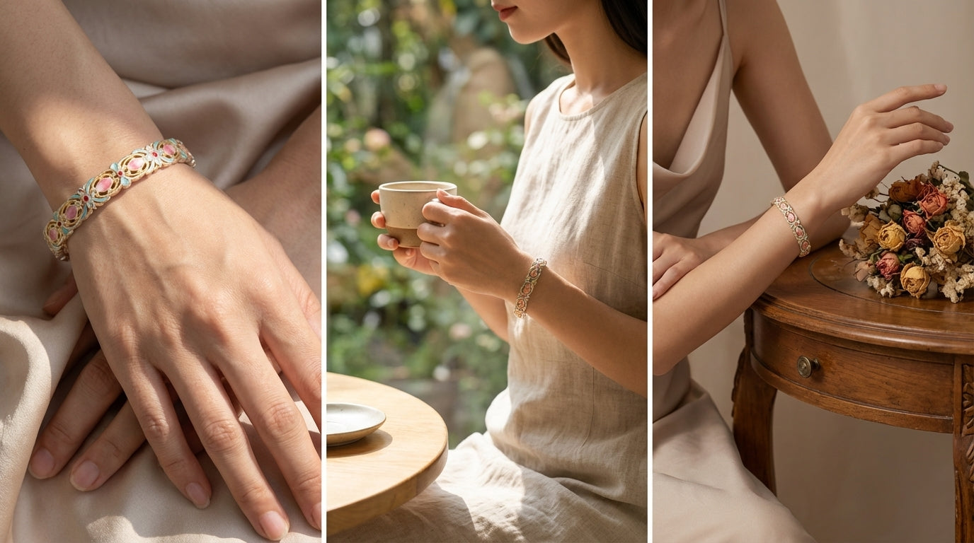 Handmade bracelet using filigree and enamel techniques, blooming with intricate floral patterns — a piece of Chinese enamel jewelry.