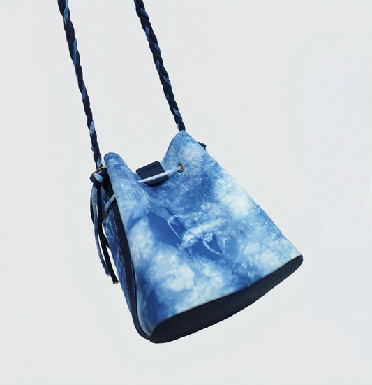 Linen Indigo Plant-Dyed Bucket Bag with Magnetic Drawstring | Handcrafted Eco-Friendly Large Capacity Crossbody