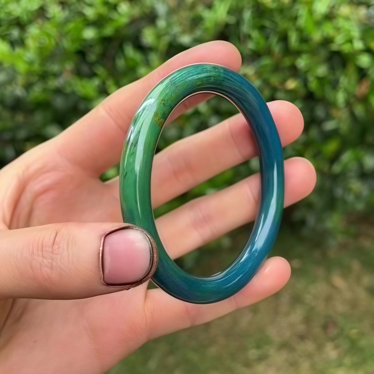 Jade-Green Lacquer Bangle | Mother-of-Pearl Fish Inlay | One-of-a-Kind Handmade