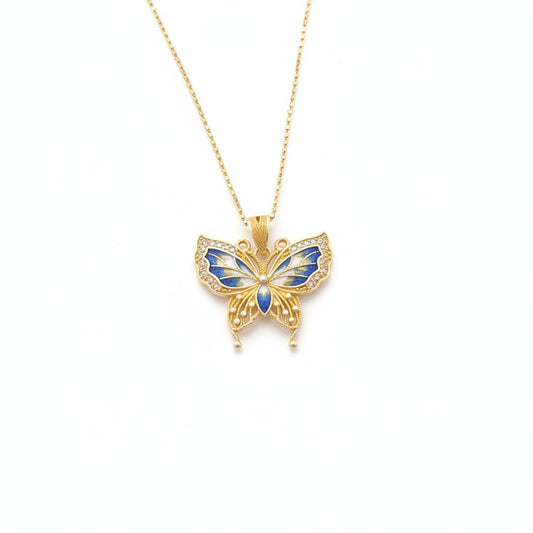 Butterfly pendant combining hollow silverwork and colorful enamel — a graceful Chinese enamel jewelry piece symbolizing transformation.
