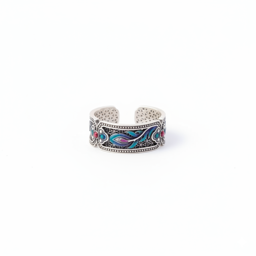 Blue and green peacock enamel ring with oxidized silver and adjustable band

