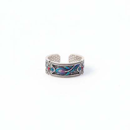 Blue and green peacock enamel ring with oxidized silver and adjustable band
