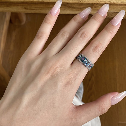 Blue and green peacock enamel ring with oxidized silver and adjustable band
