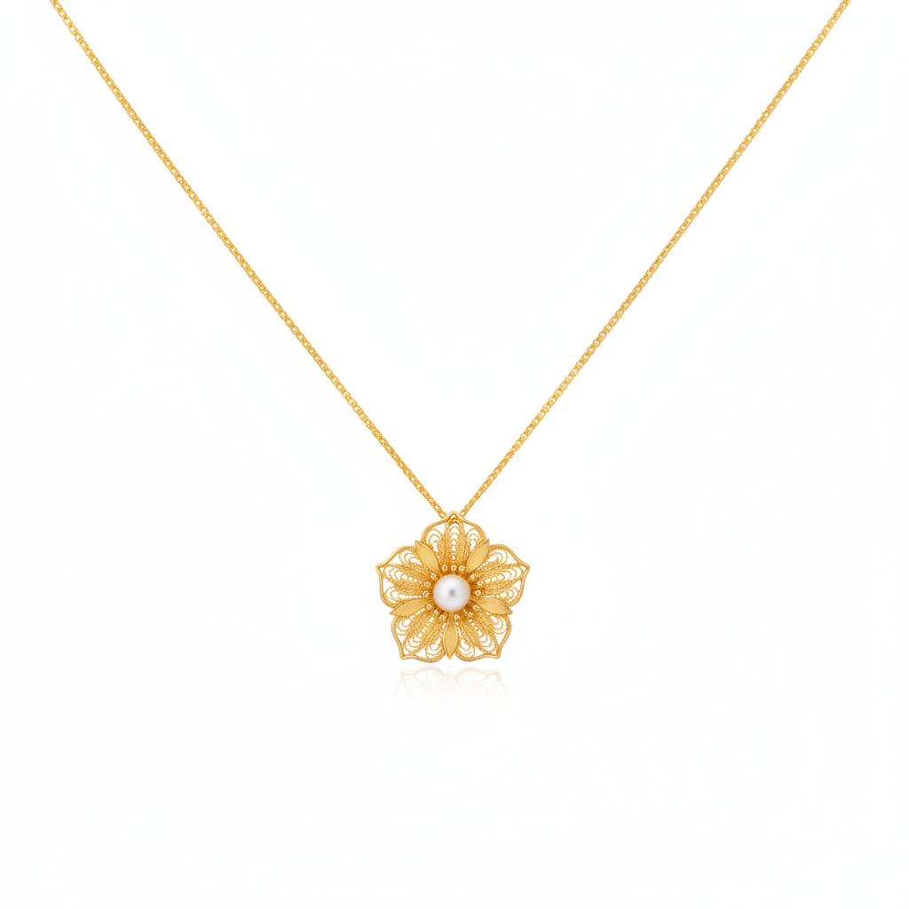 Gold-plated cherry blossom filigree necklaces with freshwater pearl, 19.2mm
