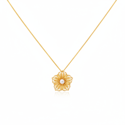 Gold-plated cherry blossom filigree necklaces with freshwater pearl, 19.2mm
