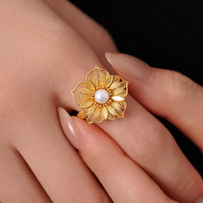Gold-plated filigree cherry blossom ring with freshwater pearl, adjustable open design
