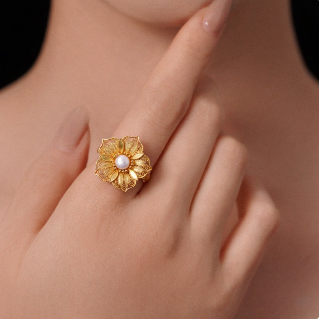 Gold-plated filigree cherry blossom ring with freshwater pearl, adjustable open design
