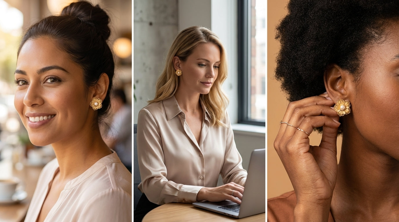 Handmade silver stud earrings featuring cherry blossom filigree inlay, part of our handmade silver jewelry collection inspired by oriental elegance.。
