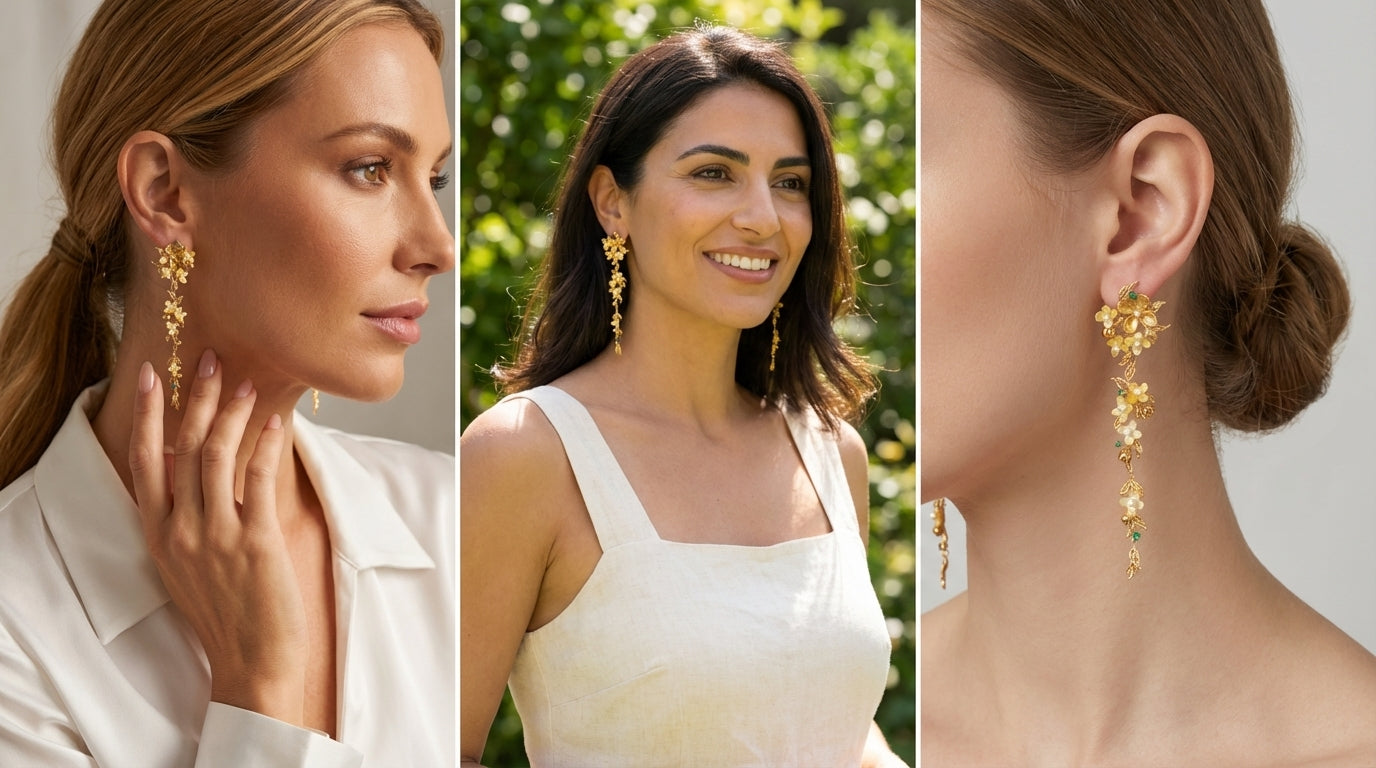 Handmade silver earrings with osmanthus filigree inlay and elegant tassels, traditional handmade silver jewelry ideal for festive wear or gifting.