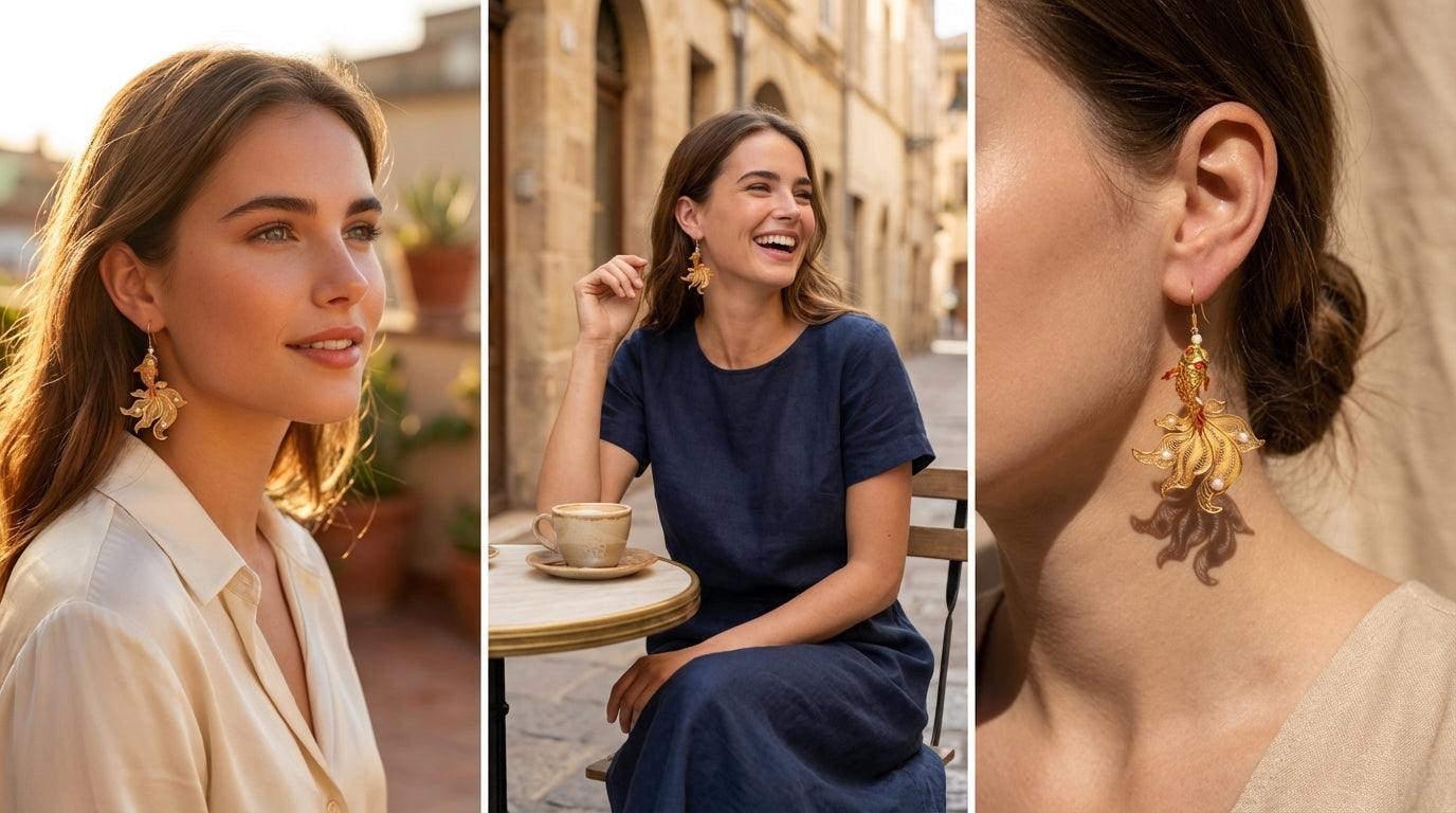 Handmade silver stud earrings depicting koi fish in intricate filigree — symbolizing luck, courage, and prosperity.