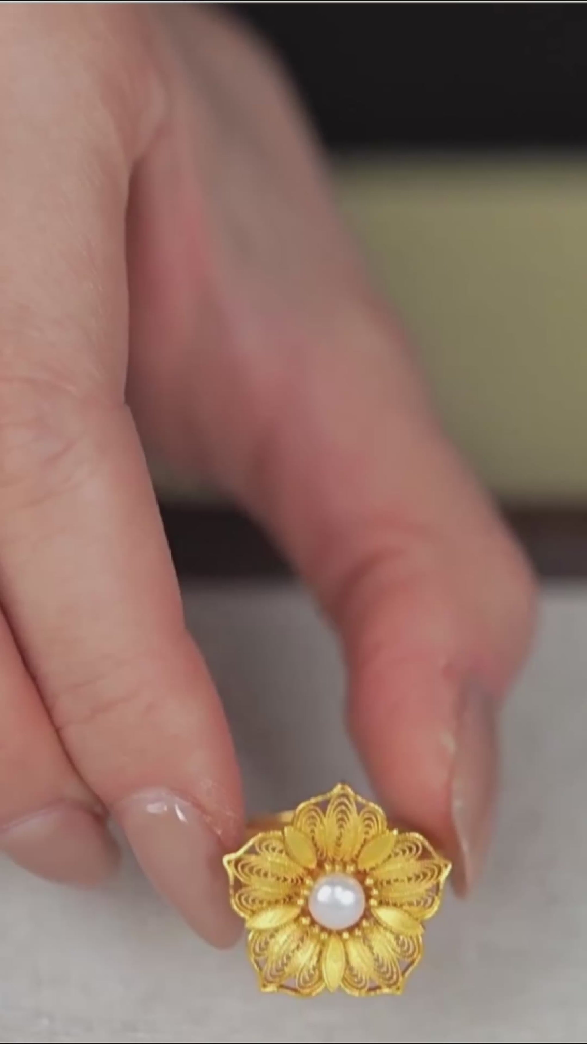 Gold-plated filigree cherry blossom ring with freshwater pearl, adjustable open design
