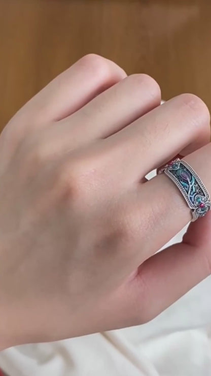 Blue and green peacock enamel ring with oxidized silver and adjustable band

