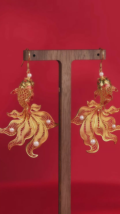 Lucky Koi Filigree Enamel Earrings | Freshwater Pearl Drop | Vintage Chinese Totem Jewelry