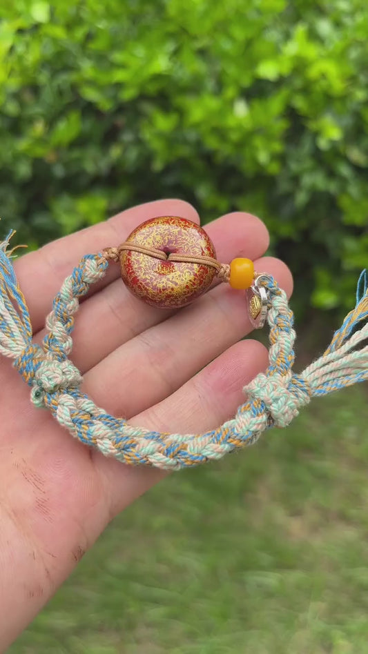 Handmade Red-Gold Xipi Lacquer “Peace Amulet” Bracelet | Adjustable Woven Cord | Oriental Talisman Jewelry