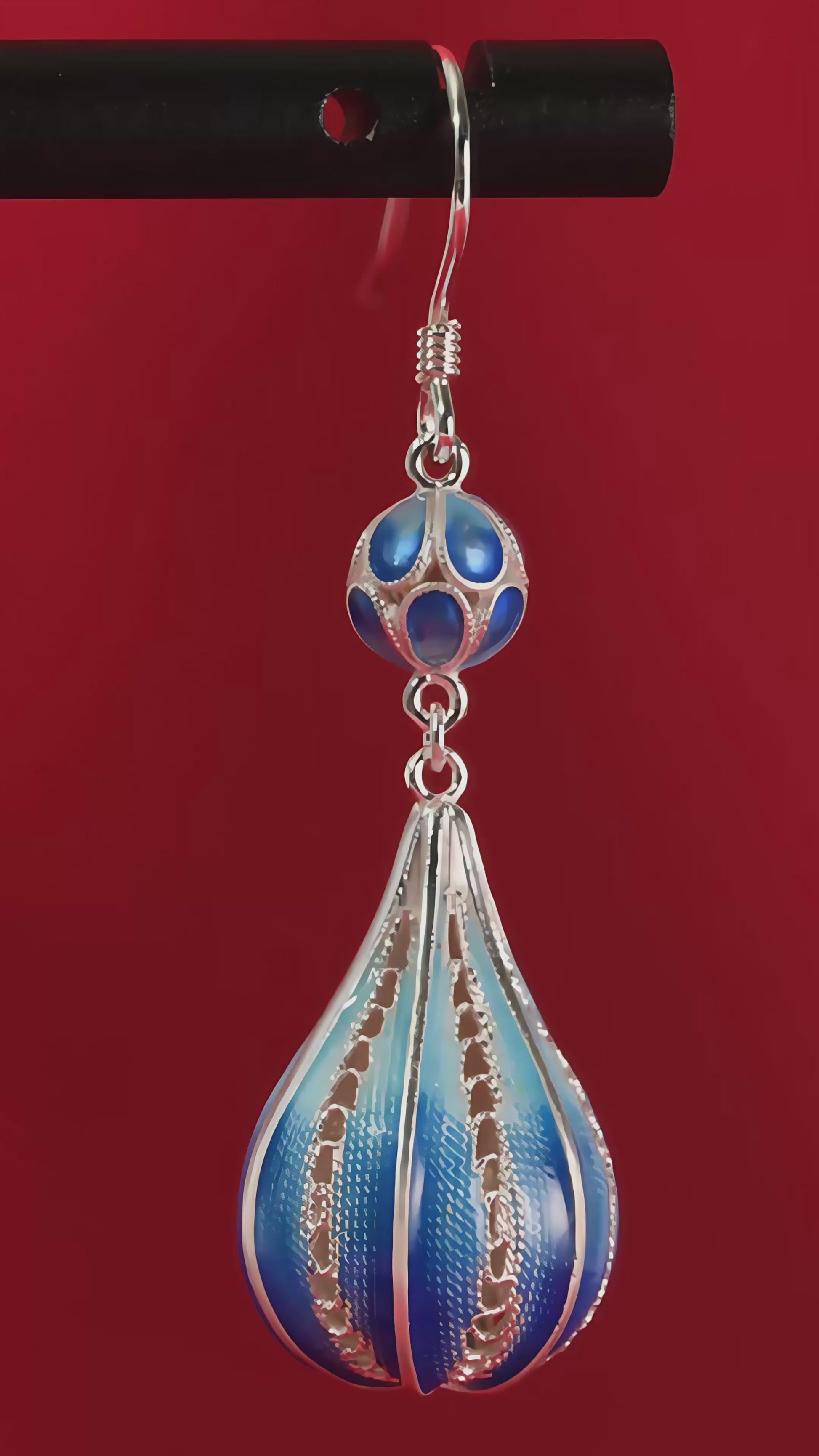 Deep blue enamel droplet earrings reflecting calm ocean tones — handmade enamel silver earrings ideal for poetic and elegant styles.mp4
