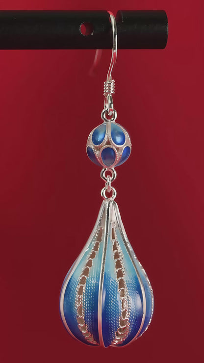 Deep blue enamel droplet earrings reflecting calm ocean tones — handmade enamel silver earrings ideal for poetic and elegant styles.mp4

