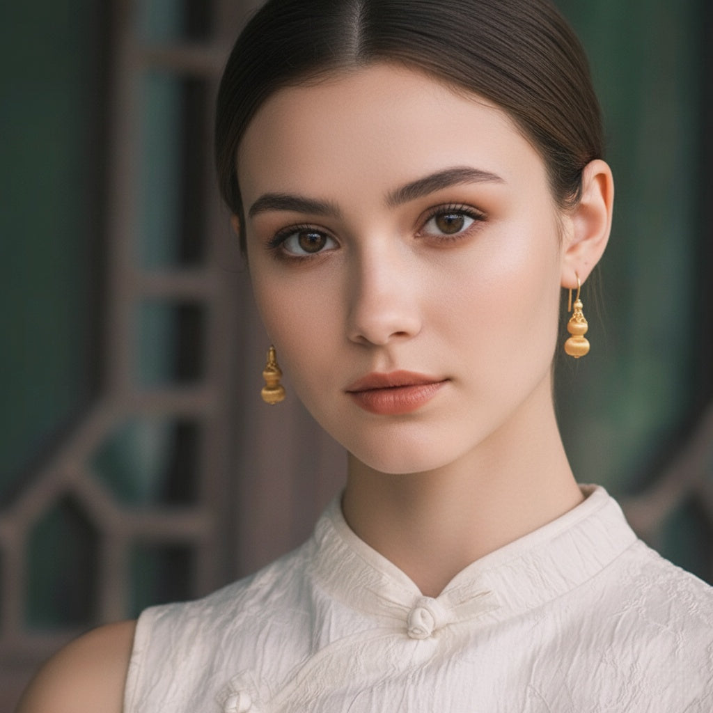 Gold-plated sterling silver gourd stud earrings with filigree-style texture
