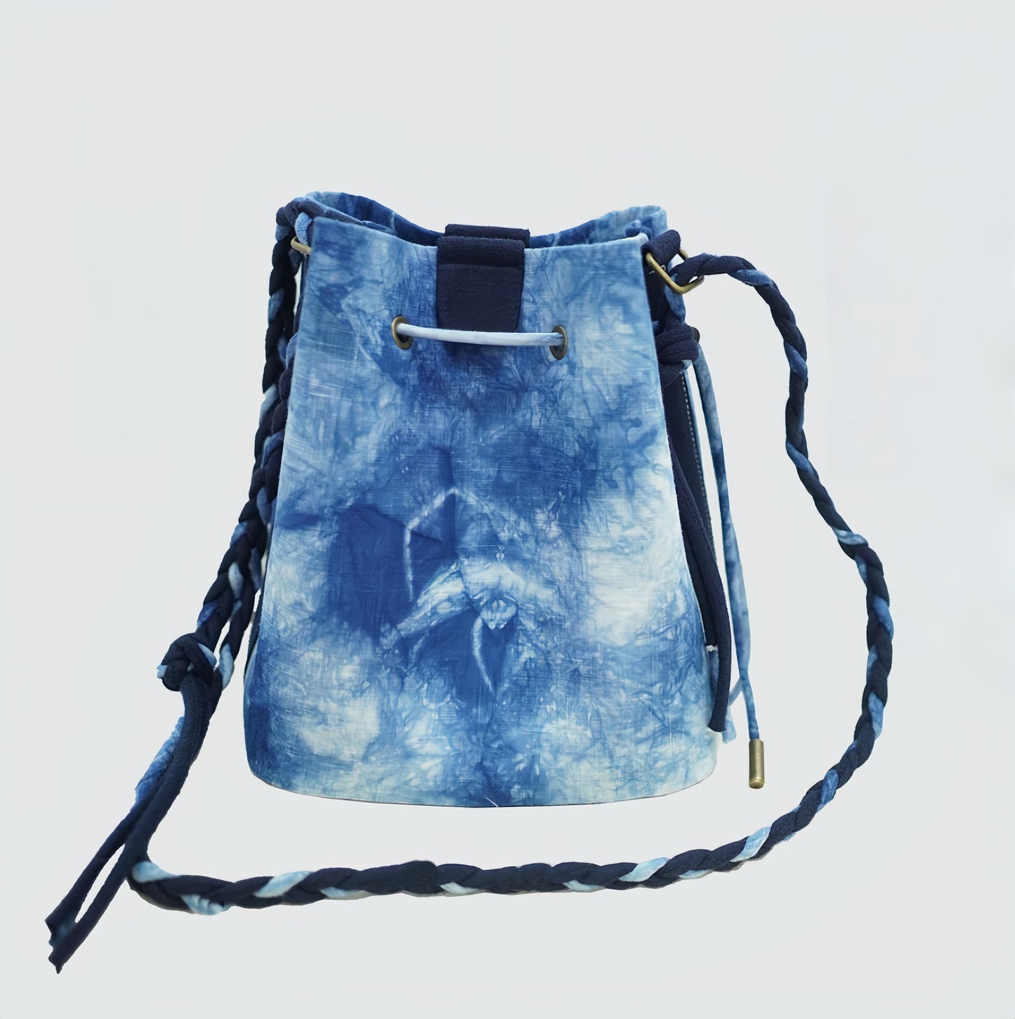 Linen Indigo Plant-Dyed Bucket Bag with Magnetic Drawstring | Handcrafted Eco-Friendly Large Capacity Crossbody